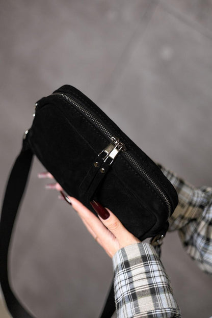 Womens Handmade Black Suede Crossbody Bag Gift For Her