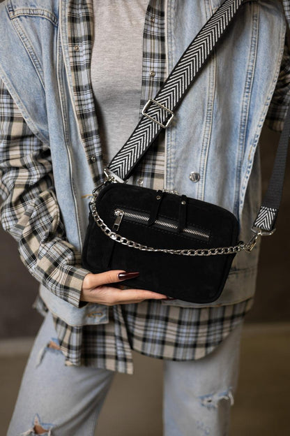Womens Handmade Black Suede Crossbody Bag Gift For Her