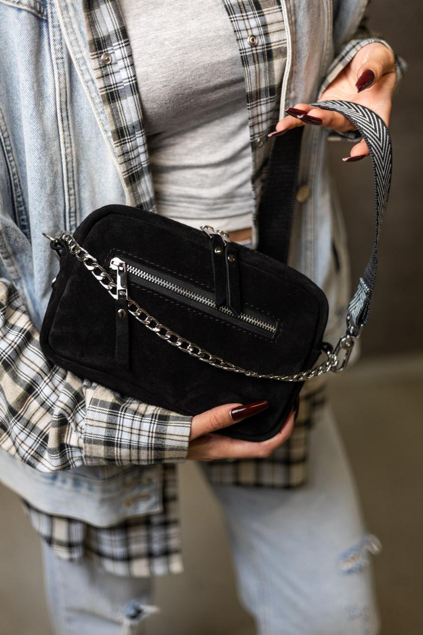 Womens Handmade Black Suede Crossbody Bag Gift For Her