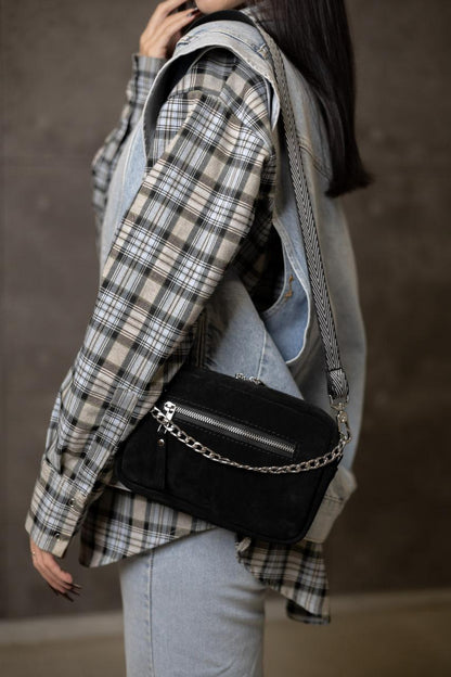 Womens Handmade Black Suede Crossbody Bag Gift For Her