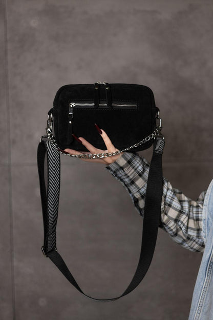 Womens Handmade Black Suede Crossbody Bag Gift For Her