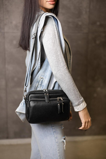 Handmade Womens Genuine Leather Flotar Crossbody Bag Black Gift For Her