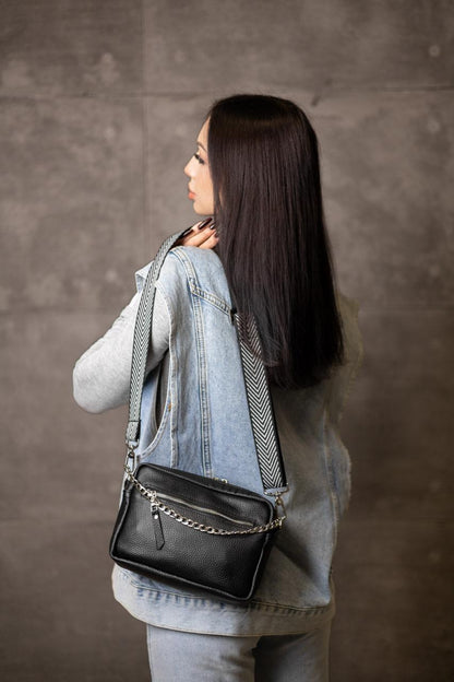 Handmade Womens Genuine Leather Flotar Crossbody Bag Black Gift For Her