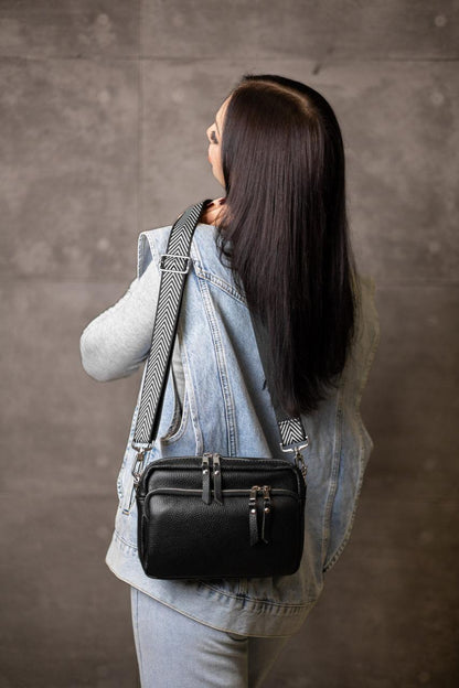 Handmade Womens Genuine Leather Flotar Crossbody Bag Black Gift For Her