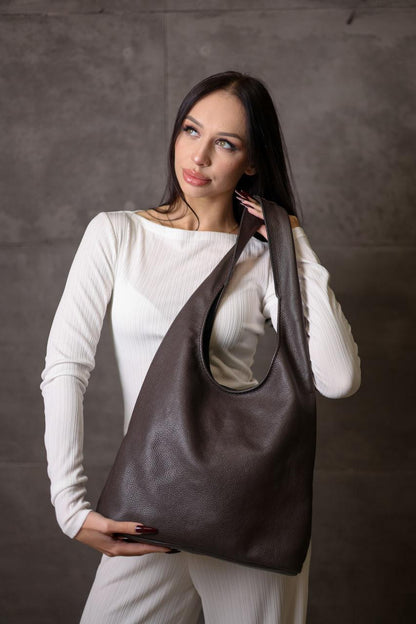 Handmade Womens Leather Shopper Tote Chocolate Flotar Genuine Leather Shoulder Bag Gift for Her