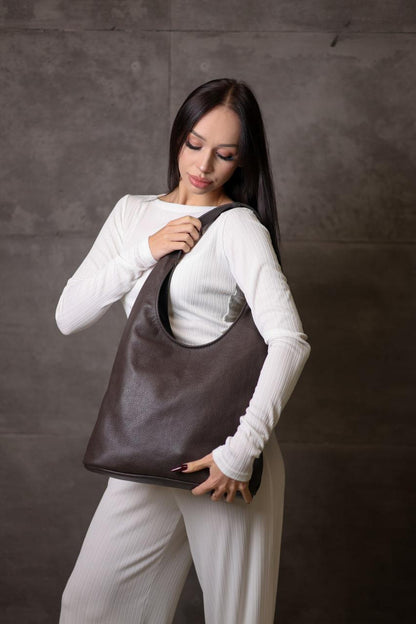 Handmade Womens Leather Shopper Tote Chocolate Flotar Genuine Leather Shoulder Bag Gift for Her
