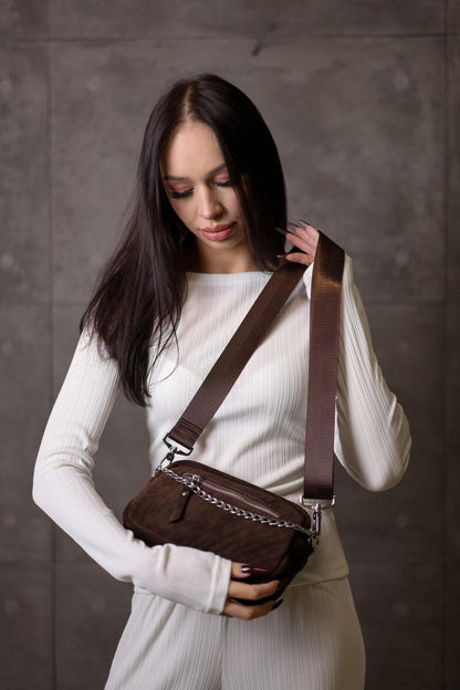 Handmade Womens Suede Crossbody Bag Chocolate Brown Gift for Her