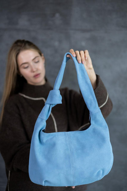 Handmade Powder Blue Suede Hobo Bag Gift for Her Knot Handle Shoulder Bag