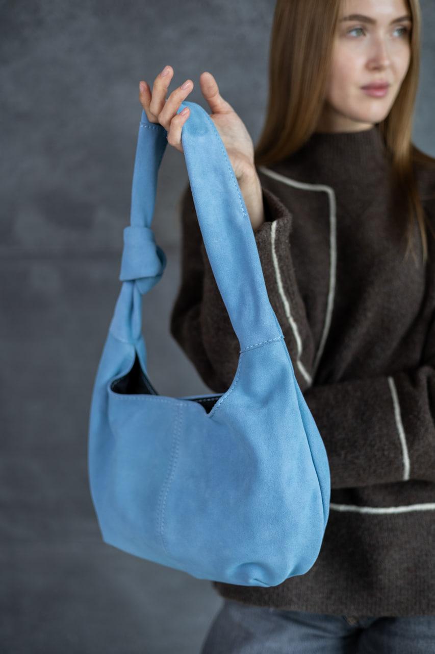 Handmade Powder Blue Suede Hobo Bag Gift for Her Knot Handle Shoulder Bag