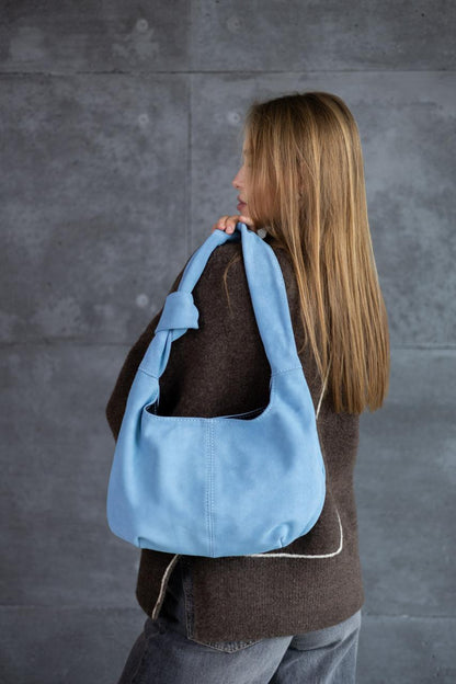 Handmade Powder Blue Suede Hobo Bag Gift for Her Knot Handle Shoulder Bag