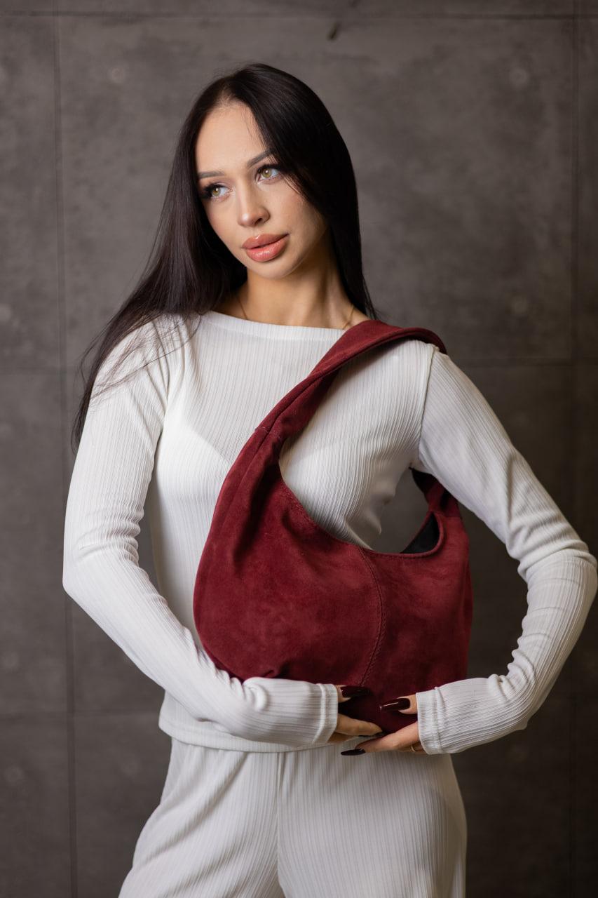 Handmade Burgundy Suede Hobo Bag Gift for Her Elegant Suede Shoulder Bag