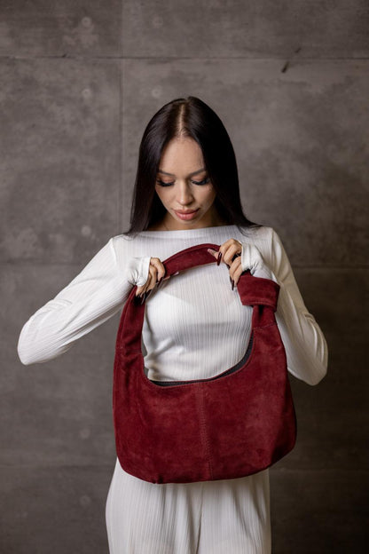 Handmade Burgundy Suede Hobo Bag Gift for Her Elegant Suede Shoulder Bag