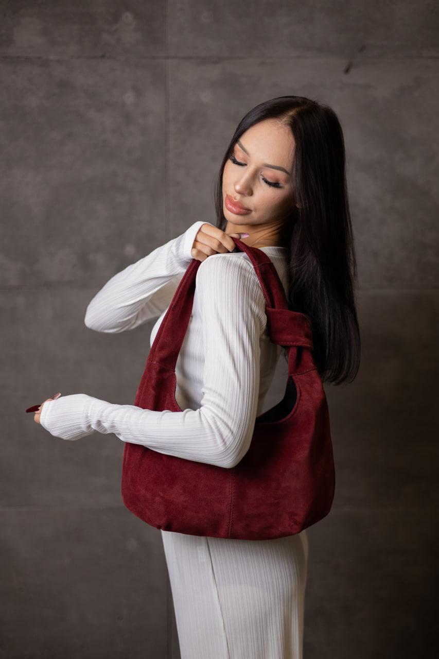 Handmade Burgundy Suede Hobo Bag Gift for Her Elegant Suede Shoulder Bag