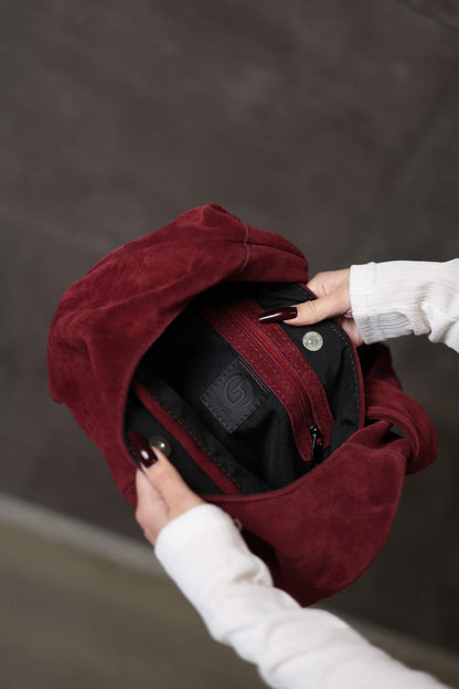 Handmade Burgundy Suede Hobo Bag Gift for Her Elegant Suede Shoulder Bag