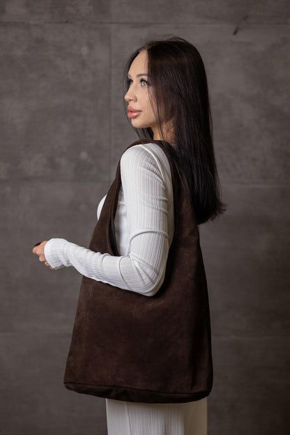 Handmade Chocolate Suede Womens Shopper Bag Gift for Her