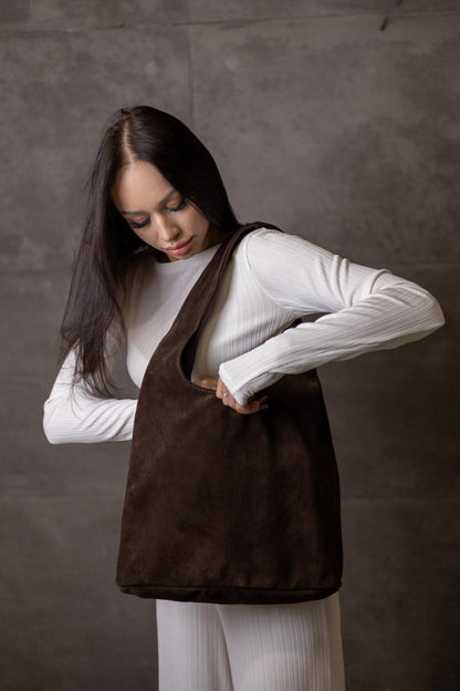 Handmade Chocolate Suede Womens Shopper Bag Gift for Her