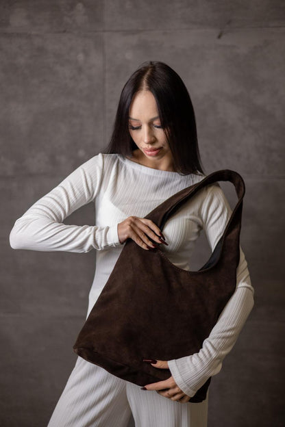 Handmade Chocolate Suede Womens Shopper Bag Gift for Her