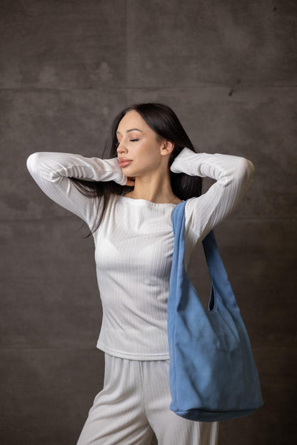 Handmade Blue Suede Shopper Bag Gift for Her Womens Suede Tote
