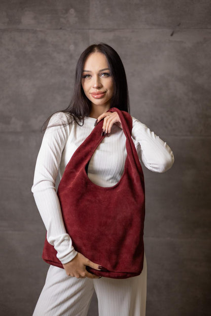 Handmade Burgundy Suede Shopper Bag Gift For Her