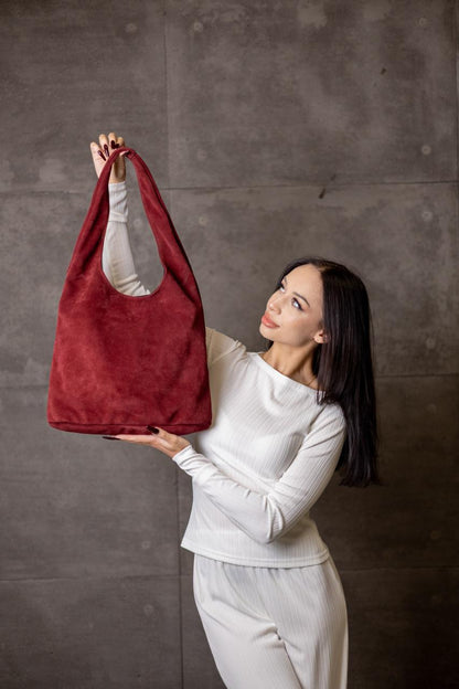 Handmade Burgundy Suede Shopper Bag Gift For Her