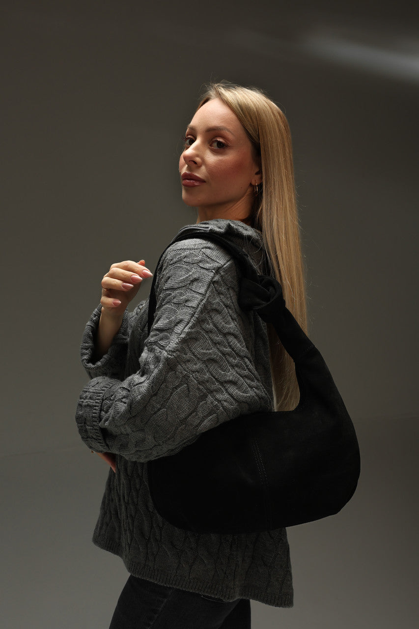 Handmade Black Genuine Suede Shopper Bag Gift for Her Elegant Minimalist Shoulder Tote