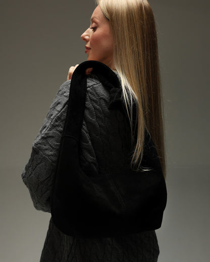 Handmade Black Genuine Suede Shopper Bag Gift for Her Elegant Minimalist Shoulder Tote