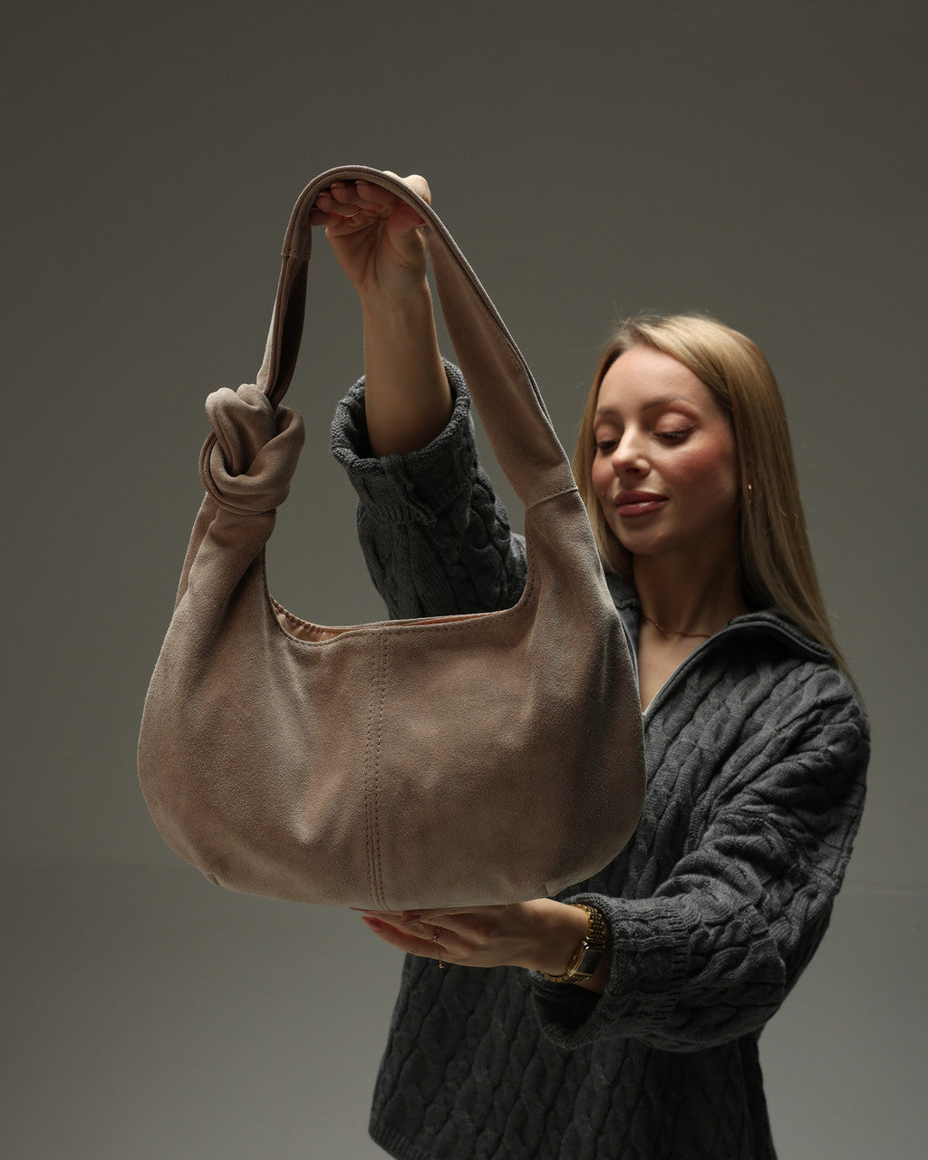 Handmade Beige Suede Hobo Bag Gift for Her Elegant Soft Shoulder Bag