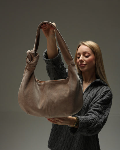 Handmade Beige Suede Hobo Bag Gift for Her Elegant Soft Shoulder Bag