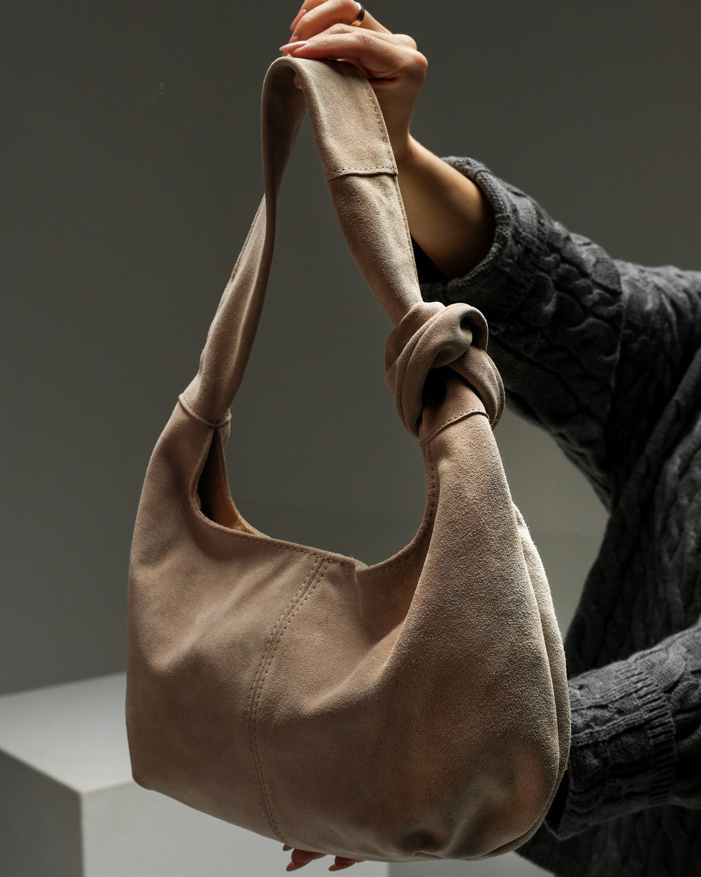 Handmade Beige Suede Hobo Bag Gift for Her Elegant Soft Shoulder Bag