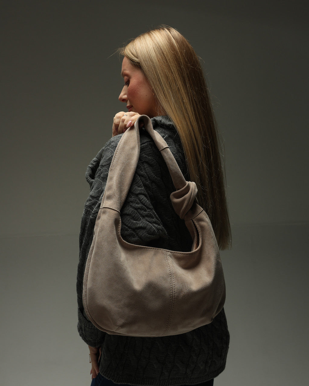 Handmade Beige Suede Hobo Bag Gift for Her Elegant Soft Shoulder Bag