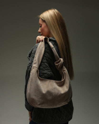 Handmade Beige Suede Hobo Bag Gift for Her Elegant Soft Shoulder Bag