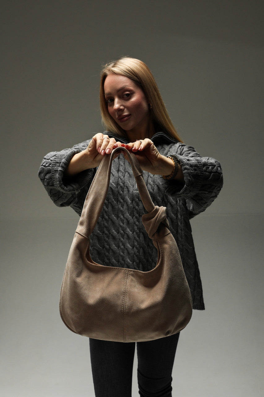 Handmade Beige Suede Hobo Bag Gift for Her Elegant Soft Shoulder Bag