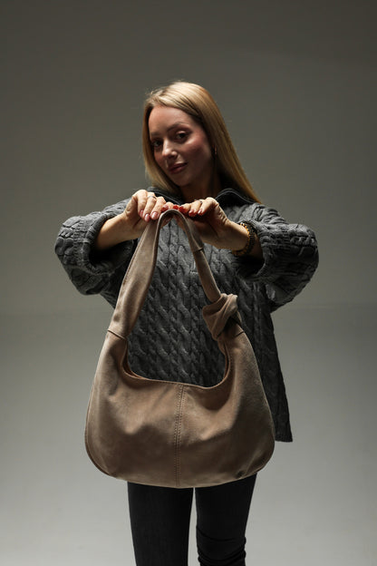 Handmade Beige Suede Hobo Bag Gift for Her Elegant Soft Shoulder Bag