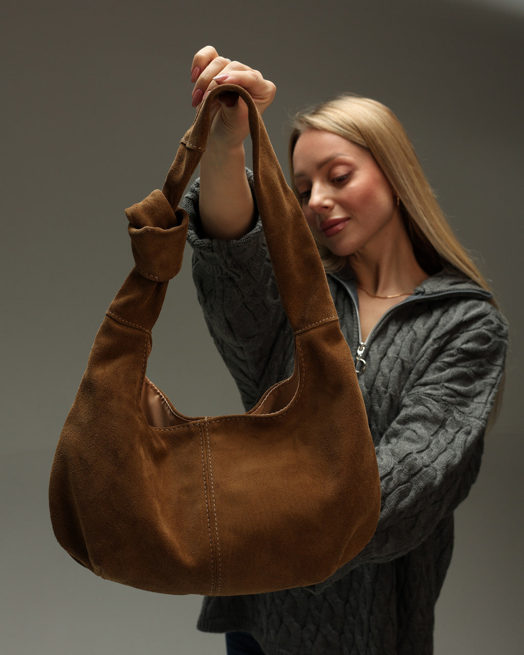 Handmade Suede Hobo Bag Cappuccino Gift for Her Everyday Shoulder Bag