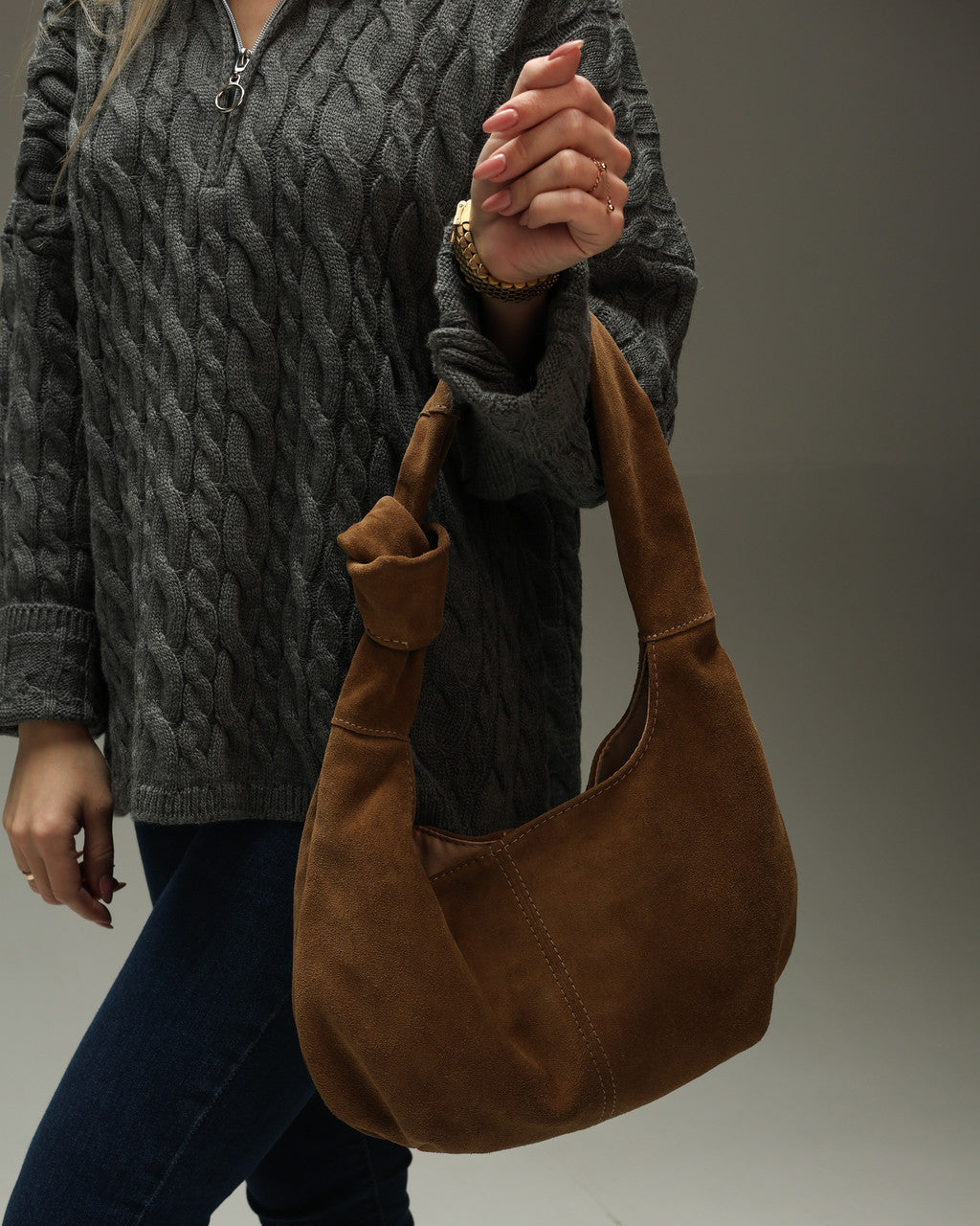 Handmade Suede Hobo Bag Cappuccino Gift for Her Everyday Shoulder Bag