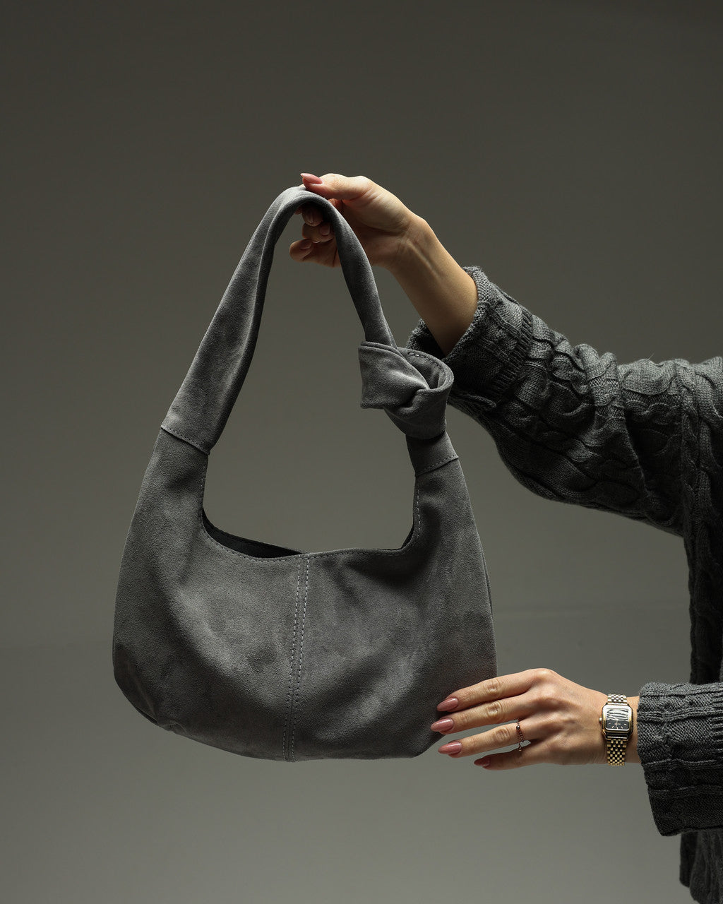 Handmade Natural Suede Hobo Bag Gray Gift for Her