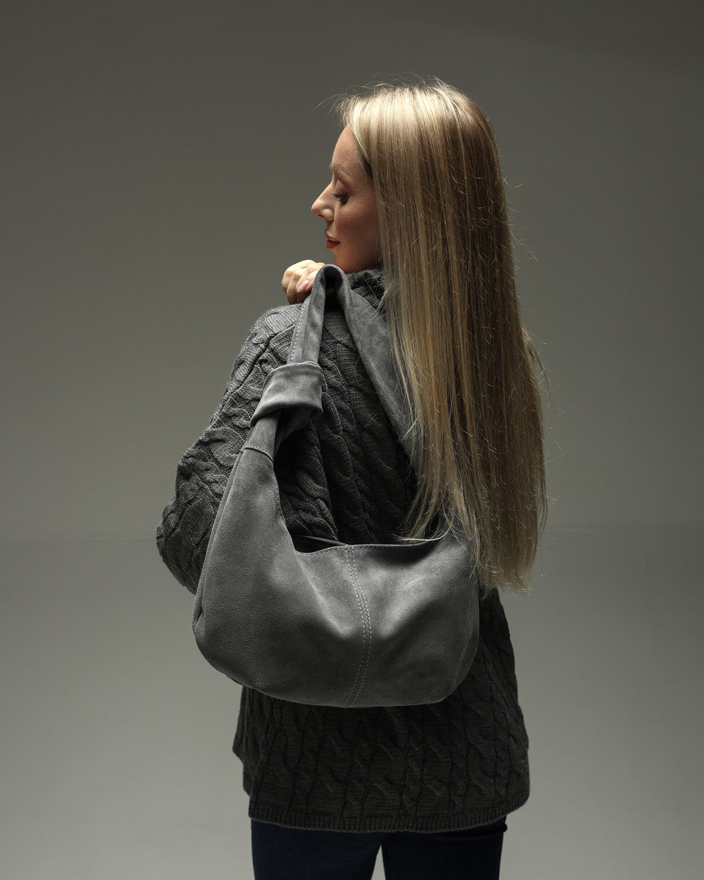 Handmade Natural Suede Hobo Bag Gray Gift for Her