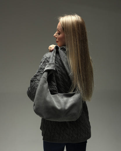 Handmade Natural Suede Hobo Bag Gray Gift for Her