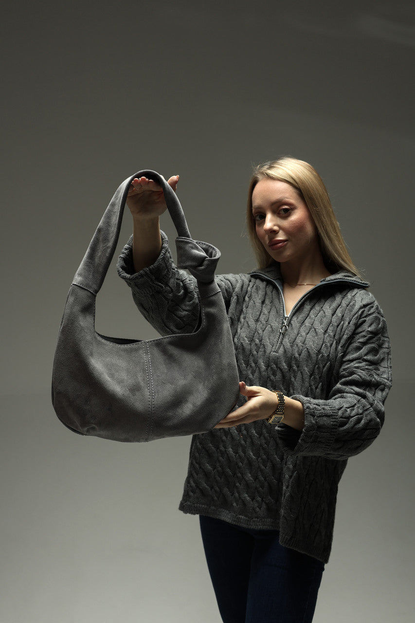 Handmade Natural Suede Hobo Bag Gray Gift for Her