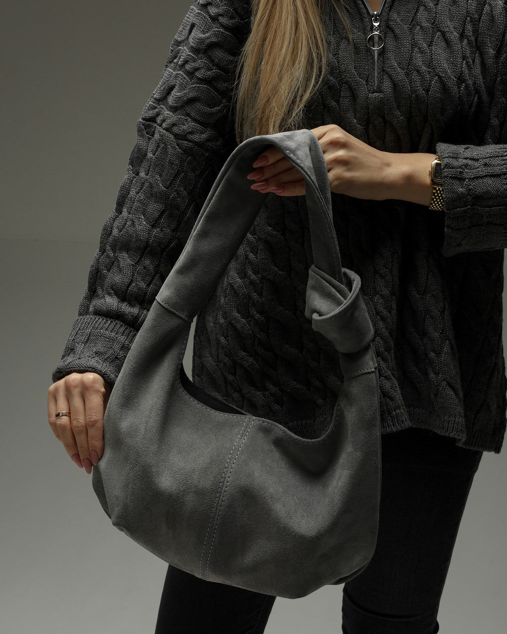 Handmade Natural Suede Hobo Bag Gray Gift for Her