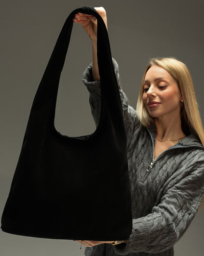 Womens Black Suede Shopper Bag Handmade Gift for Her Suede Tote