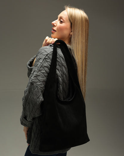 Womens Black Suede Shopper Bag Handmade Gift for Her Suede Tote