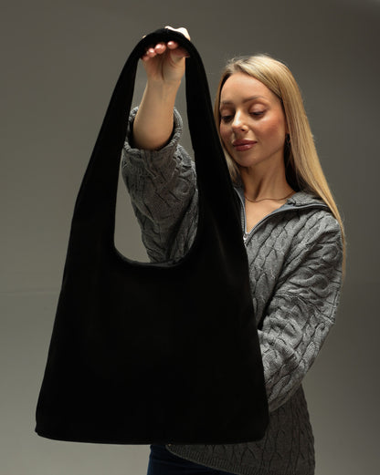 Womens Black Suede Shopper Bag Handmade Gift for Her Suede Tote