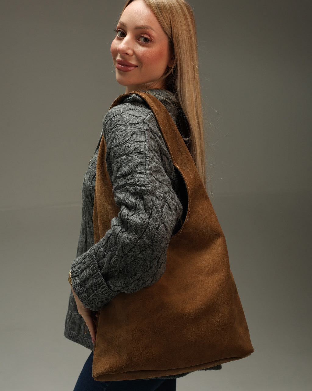Womens Cappuccino Suede Shopper Bag Handmade Gift for Her