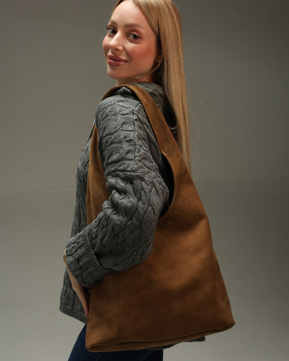 Womens Cappuccino Suede Shopper Bag Handmade Gift for Her