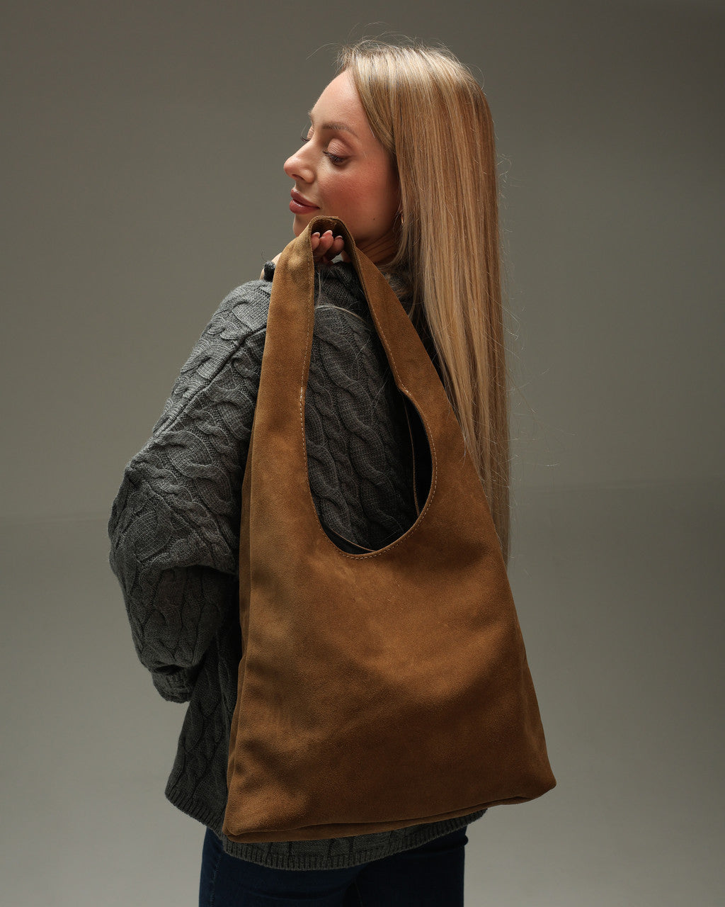 Womens Cappuccino Suede Shopper Bag Handmade Gift for Her