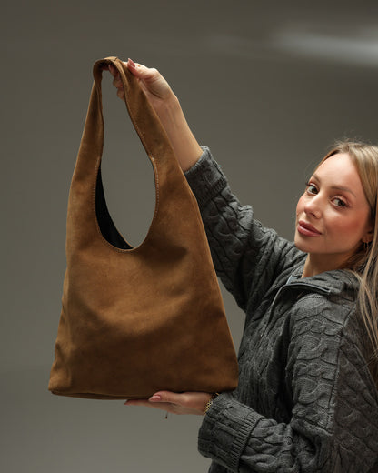 Womens Cappuccino Suede Shopper Bag Handmade Gift for Her