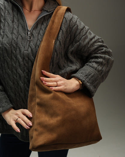 Womens Cappuccino Suede Shopper Bag Handmade Gift for Her