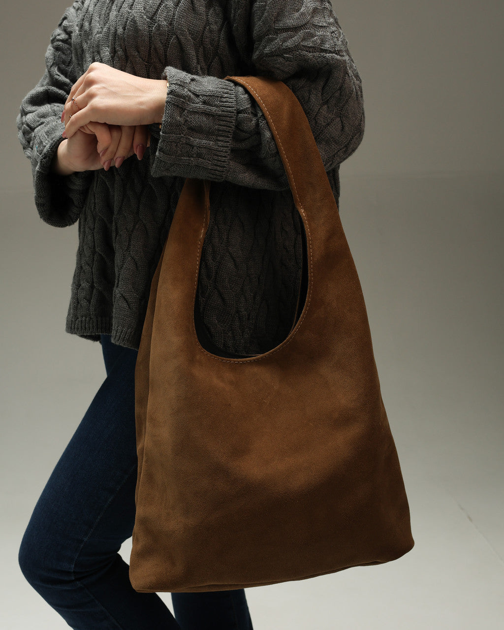 Womens Cappuccino Suede Shopper Bag Handmade Gift for Her