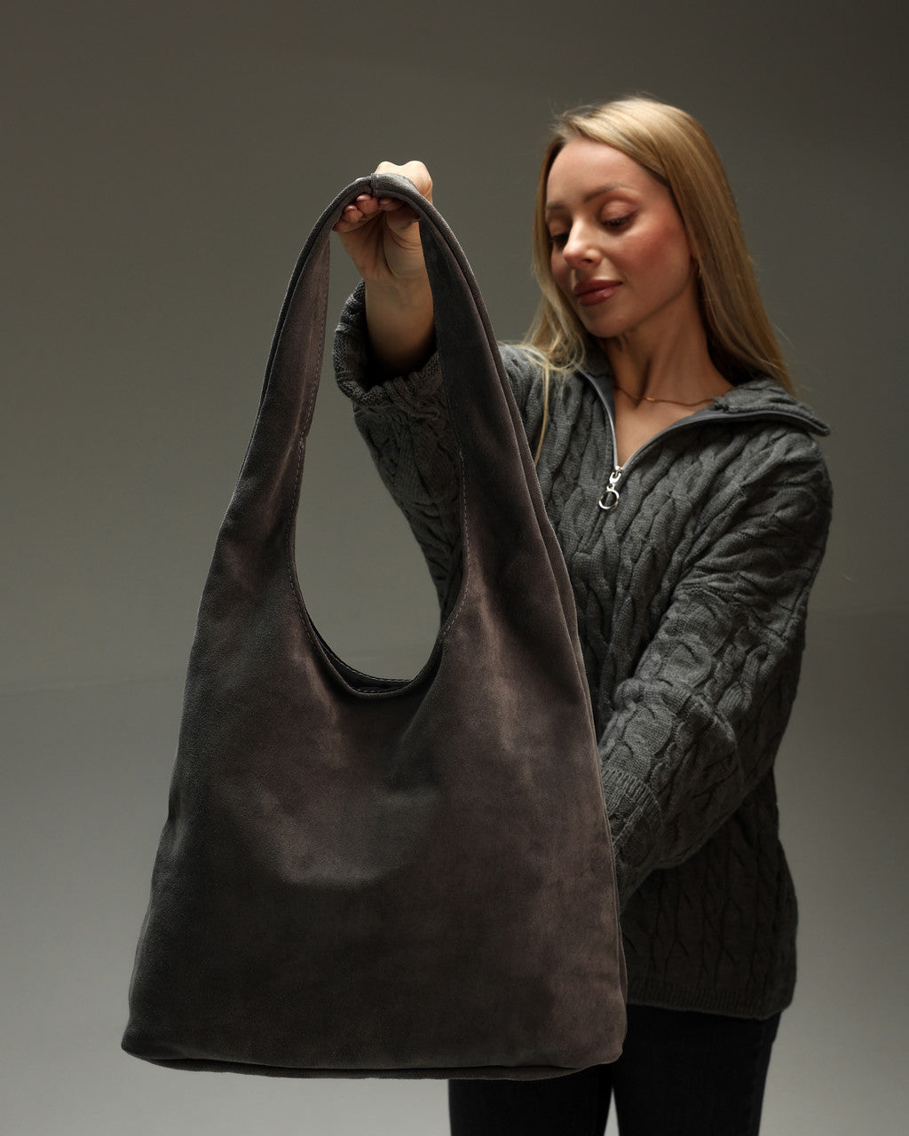 Handmade Womens Suede Shopper Bag Gray Gift for Her